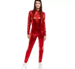Costume o tuta metallica con chiusura frontale rossa per donna