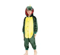 Costume pigiama da dinosauro verde e giallo con cappuccio per bambino