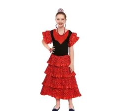 Costume vestito Sevillana rosso con pois neri per ragazza