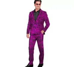 Divertente abito da festa viola con stampa animalier da uomo