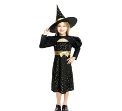 Elegante costume da strega nero e oro con fiocco per bambina