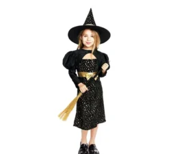 Elegante costume da strega nero e oro con fiocco per bambina