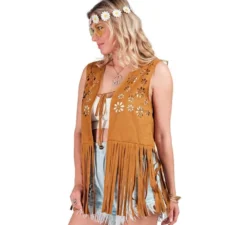 Gilet hippie marrone con fiori per donna