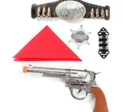 Kit da cowboy: pistola giocattolo, bandana, stella, proiettili e cintura