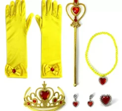 Kit da principessa per bambini in oro: guanti, scettro, collana, corona, orecchini e anello