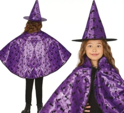 Kit da strega lilla per bambini: mantello e cappello