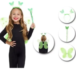 Kit Farfalla Verde per Bambini: Cerchietto, Bacchetta e Ali
