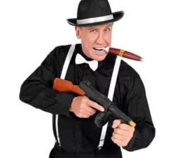 Kit Gangster Bianco e Nero: Cappello, Bretelle, Papillon e Tabacco