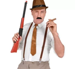 Kit Gangster Marrone: Cappello, Bretelle, Cravatta, Baffi e Tabacco