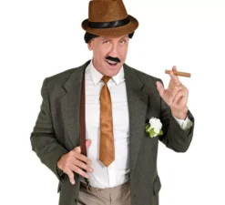Kit Gangster Marrone: Cappello, Bretelle, Cravatta, Baffi e Tabacco