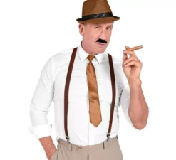 Kit Gangster Marrone: Cappello, Bretelle, Cravatta, Baffi e Tabacco