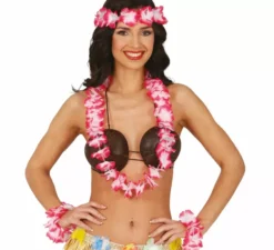 Kit hawaiano rosso: collana, copricapo e braccialetti