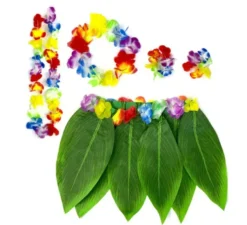 Kit Hawaii per adulti : gonna a foglie, collana, braccialetto e orecchini