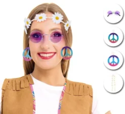 Kit hippie viola per adulti: occhiali, orecchini e nastro