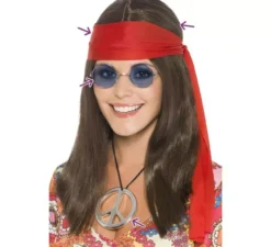 Kit hippy: parrucca, occhiali, medaglione e nastro rosso