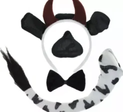 Kit mucca in bianco e nero: fascia, naso, papillon e coda