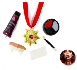 Kit per il trucco da vampiro: tavolozza, collana, provetta di sangue, dentiera, spugna e pennello