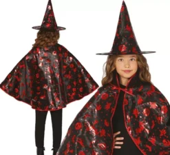 Kit Strega Nero e Rosso per Bambini: Mantello e Cappello