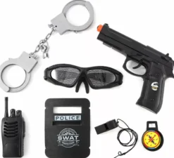 Kit SWAT: manette, distintivo, fischietto, walkie-talkie, occhiali protettivi, bussola e pistola di