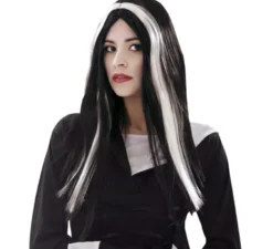 Lunga parrucca da strega in bianco e nero
