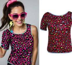 Maglietta da donna con stampa leopardata multicolore in stile anni '80