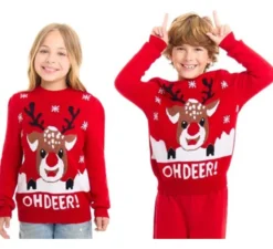 Maglione natalizio Oh Deer Rosso con renna per bambini