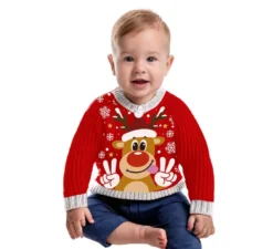 Maglione natalizio rosso con renna felice per neonato