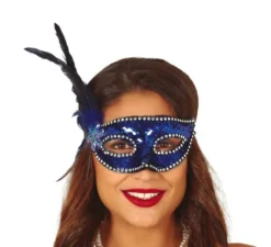Maschera con paillettes blu con piume