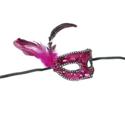 Maschera con paillettes e piume rosa