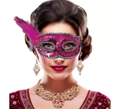 Maschera con paillettes e piume rosa