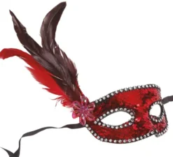 Maschera con paillettes rosso con piume