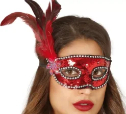 Maschera con paillettes rosso con piume