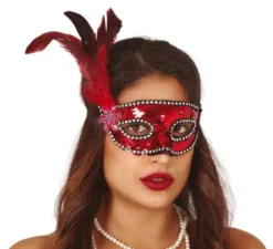 Maschera con paillettes rosso con piume