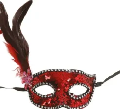 Maschera con paillettes rosso con piume