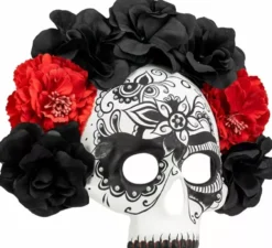Maschera teschio del Giorno dei Morti con rose nere e rosse