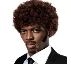 Parrucca afro con baffi e basette in stile Pulp Fiction