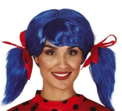 Parrucca blu con trecce e fiocco