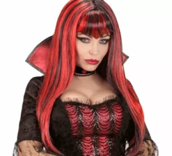 Parrucca da vampiro rossa e nera con frangia
