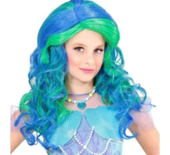 Parrucca lunga da sirena color smeraldo turchese per bambini