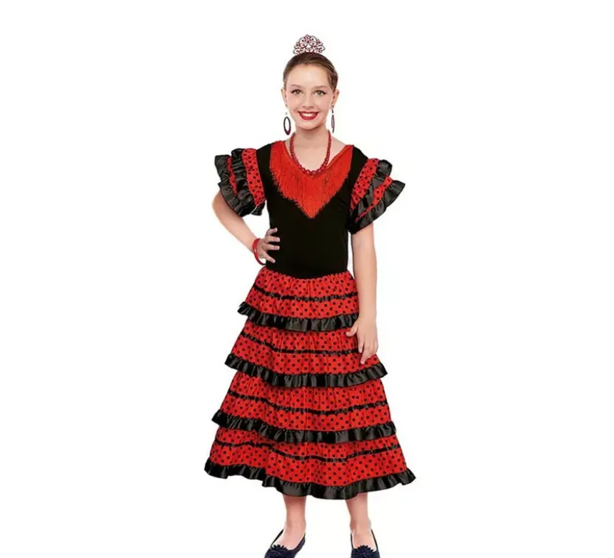 Sevillana rosso con bordo nero per bambina