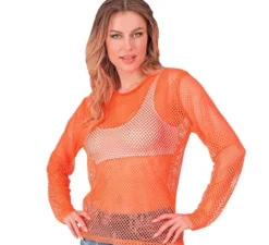 T-shirt a maniche lunghe in rete arancione neon da donna